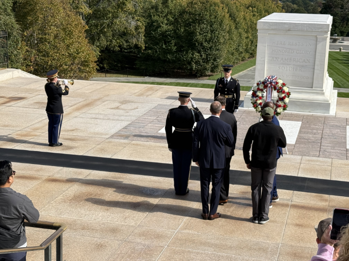 A wreath laying ceremony at the Tomb of the Unknown Soldier, Arlington National Cemetery